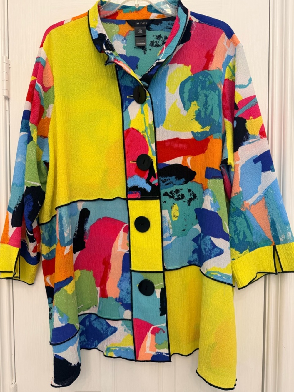 Ali Miles Abstract Colorblock Blouse | 2X | Crepe Texture | Button Front | Artsy